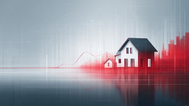 Residential houses experiencing market turmoil, digital HUD interface with sharp red declining charts, global real estate recession and financial housing crisis concept - Powered by Adobe