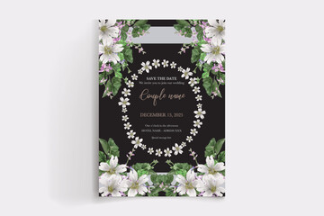 WEDDING INVITATION FRAME WITH FLOWER DECORATIONS AND FRESH LEAVES