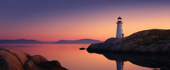Scenic coastal lighthouse perched above tranquil waters during a vibrant sunset