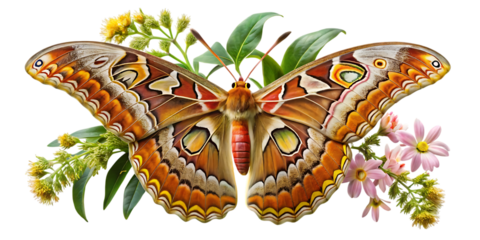 Vibrant orange and brown butterfly on green leaves