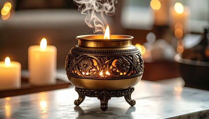 Ornate polished brass incense burner with intricate carvings emitting fragrant smoke and gentle heat