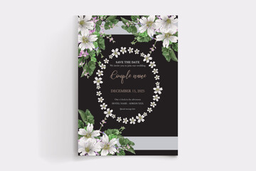 WEDDING INVITATION FRAME WITH FLOWER DECORATIONS AND FRESH LEAVES