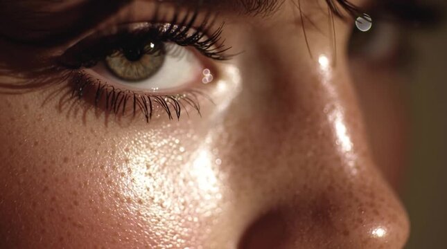 Close-up of a face half-lit with dramatic beauty lighting, slow-motion blink and refined mood, creating a luxurious, intimate visual ideal for premium beauty and skincare ads.
