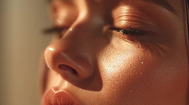 Close-up of a face half-lit with dramatic beauty lighting, slow-motion blink and refined mood, creating a luxurious, intimate visual ideal for premium beauty and skincare ads.
