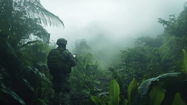 Soldier equipped with GPS device tracking through dense, misty jungle terrain.
