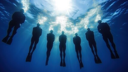 Underwater Navy SEAL Team Swims in Formation with Intense Focus in Natural Daylight