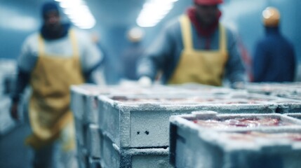 Obraz premium Medium shot of cold storage warehouse workers loading frozen seafood into insulated transport bins with the background softly out of focus to showcase organized