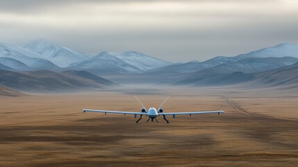 Unmanned aerial drone flies over vast rural landscape with distant snow-capped mountains under a cloudy sky