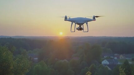 White drone flies in soft focus sunset lighting over rural trees, capturing aerial reconnaissance footage.
