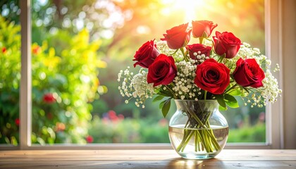 Vibrant crimson roses and delicate white baby's breath artfully arranged in a clear glass vase with soft outdoor bokeh lighting