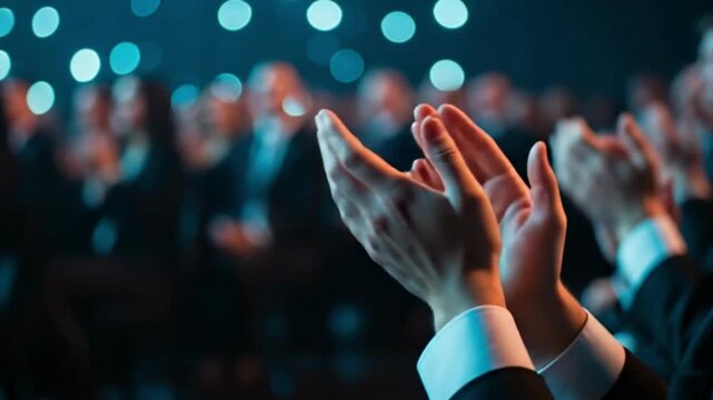 Audience applauding at a formal event with bokeh lights.