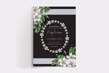 WEDDING INVITATION FRAME WITH FLOWER DECORATIONS AND FRESH LEAVES