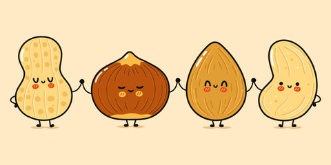 Happy cartoon nuts holding hands friendship concept