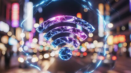 Glowing futuristic Wi-Fi symbol dynamically pulsates with vibrant blue and purple light, set against blurred city lights. - Powered by Adobe