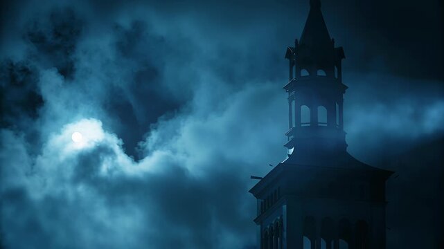 Clock tower standing tall against stormy sky concept. Clouds dark heavy night fog embracing moon clock tower with deep silence.