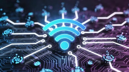 Glowing Wi-Fi symbol over abstract digital circuit board, representing global network connection, communication technology, and data transfer. - Powered by Adobe