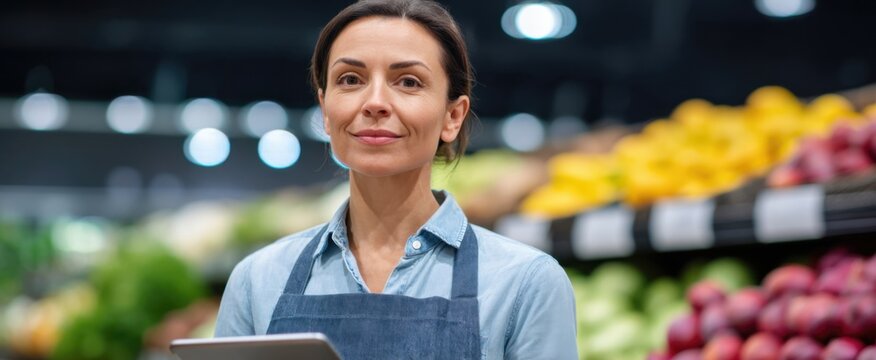 grocery store employee using a digital tablet in the fresh produce section - Powered by Adobe