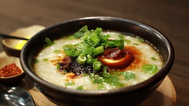 Savory congee topped with scallions and chili oil, a comforting Asian breakfast dish