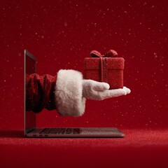 Santa hand emerging from laptop holding red gift box, festive Christmas e commerce concept with modern technology and holiday shopping atmosphere
