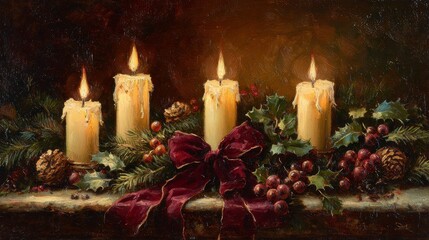 Advent candles arrangement with pine branches, red ribbon and warm candlelight, classic Christmas still life with cozy festive atmosphere on dark background
