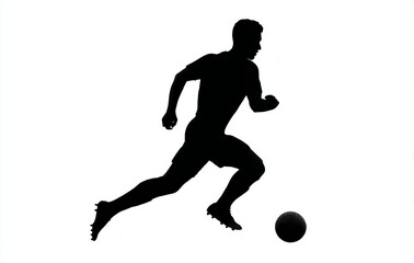 Soccer player silhouette kicking ball in dynamic motion, clean black sports icon on white background, minimal athletic design for fitness and competition themes
