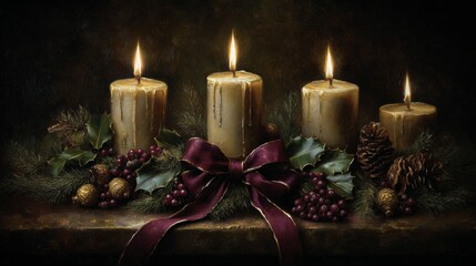 Advent candle arrangement with four glowing candles, festive greenery and ribbons on dark background, warm atmospheric Christmas decoration for holiday themes
