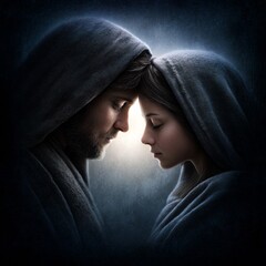 Intimate emotional couple in hooded cloaks touching foreheads, dramatic cinematic portrait with soft light and dark moody background expressing deep connection
