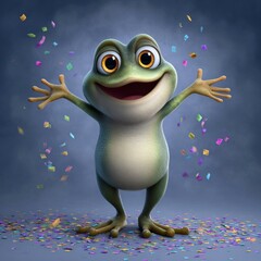 Cute cartoon frog character celebrating with open arms and colorful confetti, playful joyful illustration with bright colors on soft studio background for kids designs
