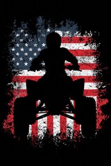 ATV rider silhouette against distressed American flag background, high contrast patriotic illustration with grunge texture for freedom, sport and outdoor themes
