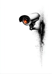 Urban surveillance camera in grunge street art style, high contrast monochrome illustration with splatter texture on white background for security concepts
