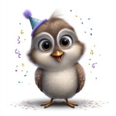 Cute cartoon baby owl wearing party hat with confetti, playful colorful illustration on white background for kids, celebration themes and joyful designs
