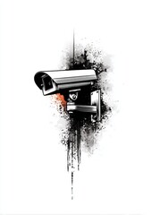 Security surveillance camera with grunge splatter style on white background, modern monitoring concept illustration symbolizing safety, control and digital protection
