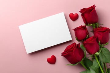 Romantic red roses with blank greeting card on soft pink background, elegant love and valentines composition with copy space for messages and celebrations
