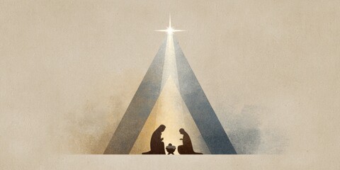 Minimal nativity silhouette with Mary, Joseph and child beneath glowing star, soft beige background conveying peaceful Christmas spirituality and hope
