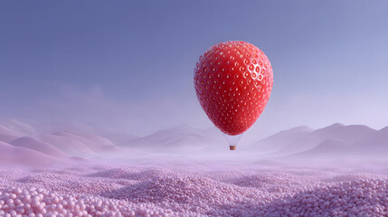 Strawberry Balloon in Fantasy Scenery: A whimsical scene presents a strawberry, transformed into a hot air balloon, floating above an otherworldly, landscape.