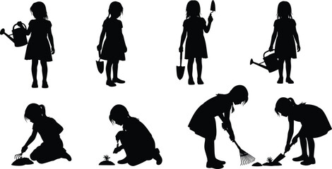 Set of black vector silhouettes of a little girl gardening, planting flowers with watering can and shovel isolated on white background © Arman World