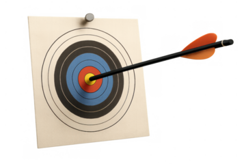 Arrow hitting bullseye on a paper target, representing goal achievement, accuracy, success, and strategy on transparent background