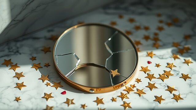 exemplification. Broken makeup mirror with scattered gold star stickers and lipstick marks on marble surface. lifestyle magazines.