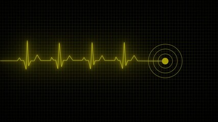 Abstract heartbeat and pulse rate signal technology animation on grid background. Heart beat pulse. Glowing neon blue heart cardiogram line on dark background. Electrocardiogram show heart beat line.