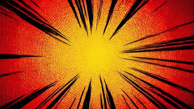 Dynamic comic book style burst background with radiating speed lines and vibrant yellow-red gradient, perfect for energetic designs and dramatic visual effects