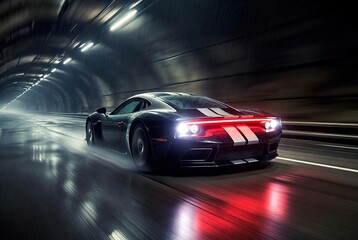 Obraz premium A sleek sports car with white stripes speeding through a dimly lit tunnel at high velocity