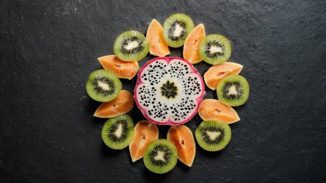 Arrangement of Fresh Tropical Fruits Kiwi Dragon Fruit and Melon Slices on Dark Textured Background