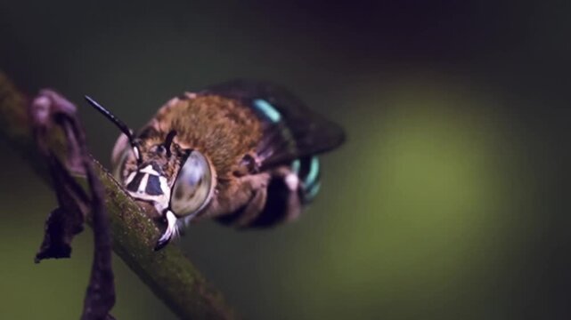 Blue Banded Bee  Biting Stick and Buzz Pollination  4K Macro  video. Perfect for nature documentaries, educational biology content, and high-quality mobile-first social media storytelling.