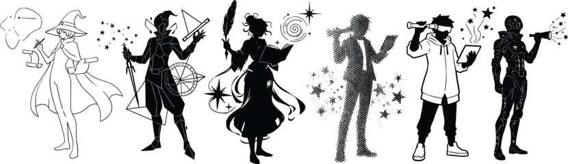 Fantasy character silhouettes performing magic and music, creative archetypes with instruments and spells, abstract storytelling illustration, surreal artistic concept