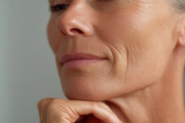 Mature woman resting her chin on hand, thoughtful with natural aging skin
