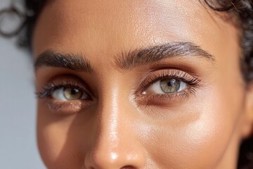 Woman's close-up face displaying natural eyes and healthy skin