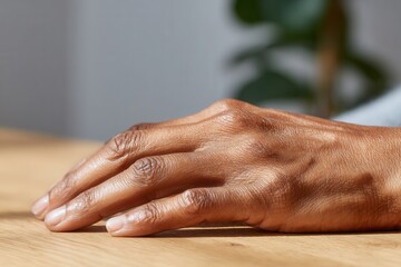 Hand of a mature black woman resting on a wooden table, emphasizing skin texture