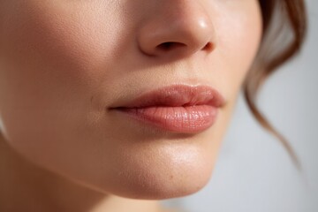 Woman's mouth showing natural lips and healthy skin with soft focus