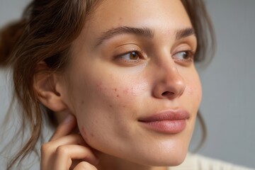 Young woman looking away with acne and blemishes on her face