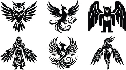 Fototapeta premium Fantasy winged silhouettes, mythical creatures, phoenix, wizard, robot, owl, bat figure, black illustration, sci-fi and fantasy character design